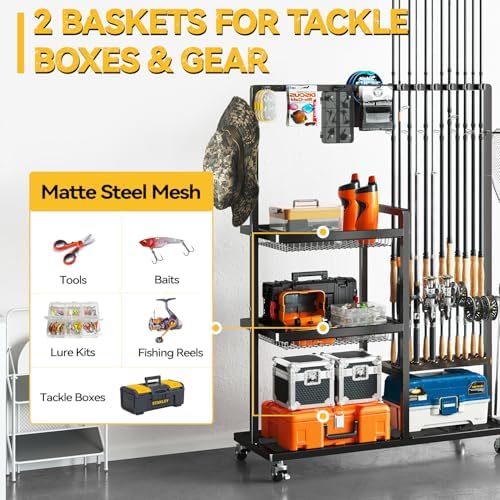 SOYEEZE Fishing Rod Holders for Garage,Fishing Gear Holder for Fishing Rod Tackle Box Storage，Fishing Pole Holders for 12 Rods with Hooks and Pegboard,Fishing Cart with 2 Baskets, Standard Size - Image 2