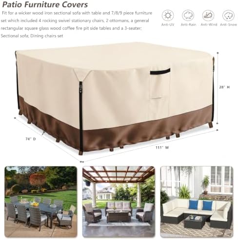 Outdoor Furniture Covers, 600D Heavy Duty Waterproof Outdoor Dining Table and Chairs Cover — 111L x 74W x 28H inch, All-Weather Protection Patio Furniture Cover, Beige - Image 3