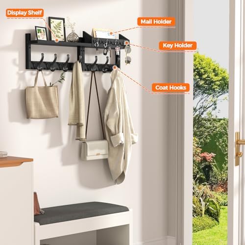 Evermagin 29" Coat Rack Wall Mount with Shelf & 11 Hooks, Entryway, Black - Image 4
