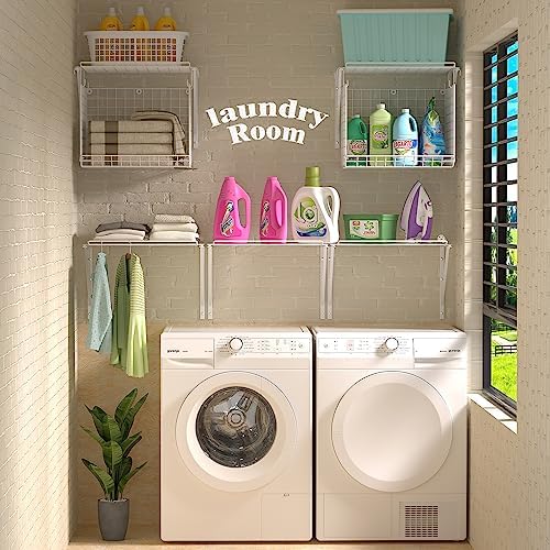 2 Pack Laundry Room Shelves Wall Mounted with Wire Baskets, Over the Washer and Dryer Shelf with Clothes Drying Rack, 8 Hooks，Wire Shelves Baskets for Laundry Closet Organization and Storage, White - Image 4