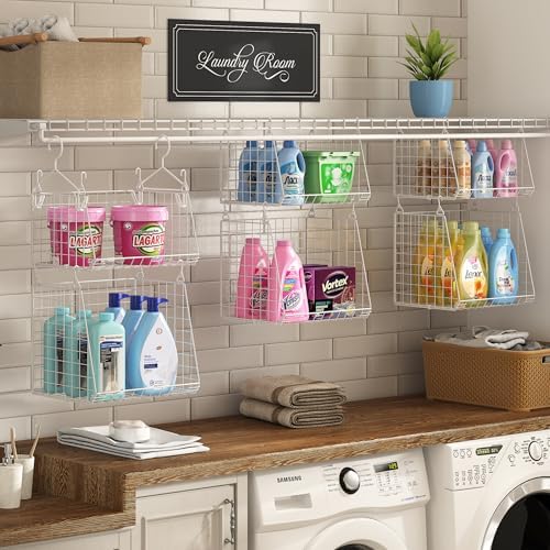 Sonyabecca 5-Tier Hanging Laundry Basket Organizer: Foldable Wire Shelf Basket with 4 Large Hooks 1.65" & 360°Rotating Hooks – Space-Saving Laundry Room Organization for Wardrobe Closet, White Patent - Image 3