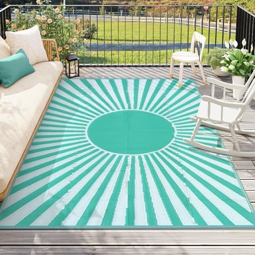 Wonnitar 8x10 Outdoor Rug Waterproof - Large Reversible Patio Rugs, Lightweight Plastic Straw Patios Mat for RV, Portable Outdoor Camping Carpet for Deck Picnic (Blue-Green, 8'x10') by Wonnitar