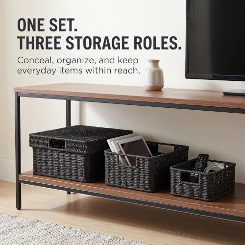 Wicker Storage Basket with Lid for Shelves, 3-Basket Set, Black - Image 2