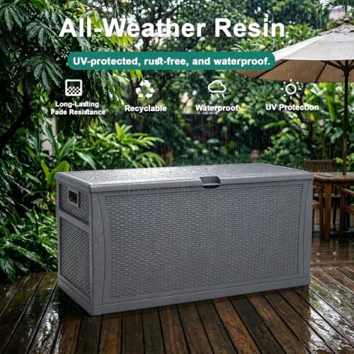 EHHLY 121 Gallon Outdoor Storage Box Large, Lockable Outside Storage Containers Waterproof Patio Cushions Deck Boxes, Rattan Plastic Garden Hose Boxes Resin Pool Storage Bins, Grey - Image 4