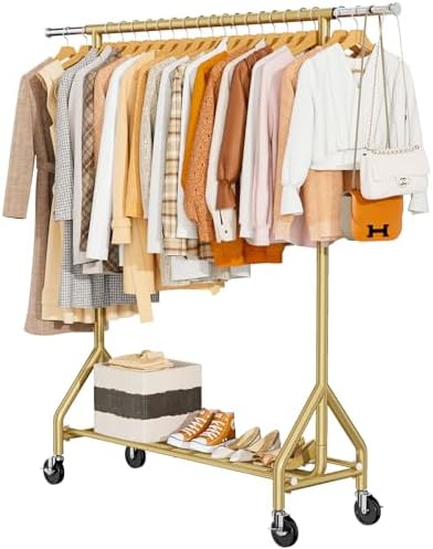 HYSEYY Heavy Duty Clothes Rack Load 450 LBS, Metal Garment Rack, Standing Rolling Clothing Rack for Hanging Clothes with Sturdy Wheels & Shelves, Portable Closet Wardrobe Rack,Gold by HYSEYY