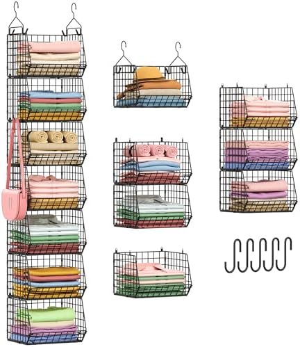 X-cosrack 7 Tier Foldable Hanging Closet Organizer and Storage,Wire Closet Shelving with 4 Large Hooks+ 5 S Hooks,Hanging Basket for Clothes Sweaters Shoes Handbags,Small Closet Organizers by X-cosrack