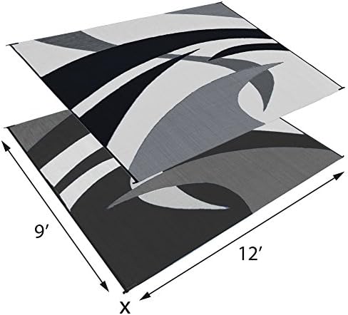 Stylish Camping Outdoor Patio / RV Camping Mat - Swirl (Black/White, 9-Feet x 12-Feet) - Image 2