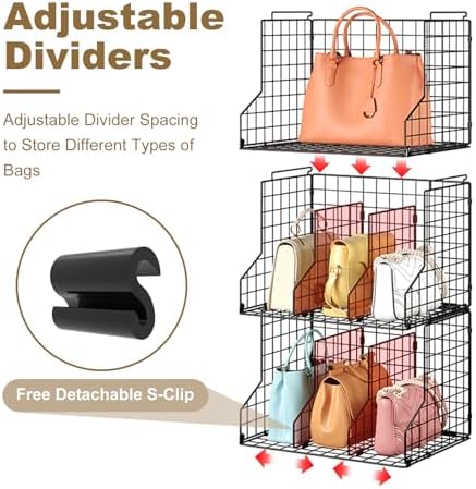 Sonyabecca Purse Storage Organizer for Closet : Adjustable 3-Pack Dividers Handbag Organizer - Stackable Wire Handbags Storage Baskets -Open Cabinets Wallets Tote Chain Bags Clutches - Image 3