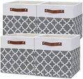 Temary 12x12x12 Fabric Storage Bins 4 Pack with Leather Handle, Foldable Cubes Storage Box Baskets for Closet, Shelf (White&Lattice) by TEMARY