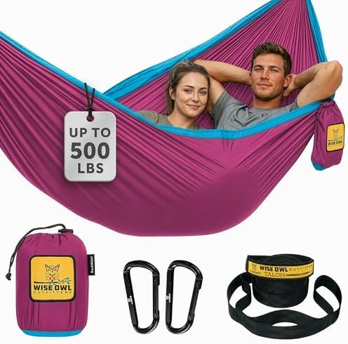 Wise Owl Outfitters Hammock for Camping Double Hammocks Gear for The Outdoors Backpacking Survival or Travel - Portable Lightweight Parachute Nylon DO Fuchsia Sky Blue by WiseOwlOutfitters