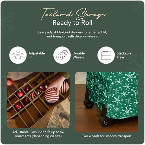 Covermates Keepsakes Rolling Adjustable Ornament Storage Bag – Heavy-Duty Polyester, FlexGrid Trays & Padded Dividers – Protective Holiday Organizer with Wheels, Handles & ID Window, Green Snowflake - Image 5