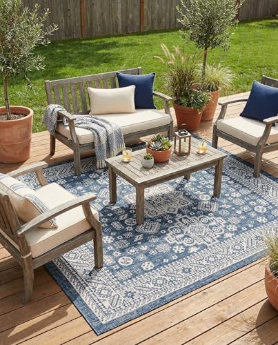 Rugs.com - Outdoor Aztec Rug – 8 Ft Square Blue Indoor/Outdoor Rug – Washable, Stain-Resistant, Perfect for Patios and Decks by Rugscom