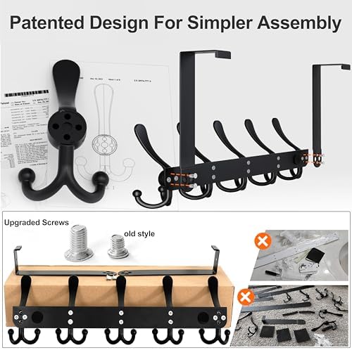 Dseap Over Door Hook 2.0 - Upgraded Version - Simple-Assembly, Strong, Heavy-Duty Stainless Steel 5-Tri-Hook Over The Door Hanger Rack, SimpleStrong Series, Black, Pack of 2 - Image 4