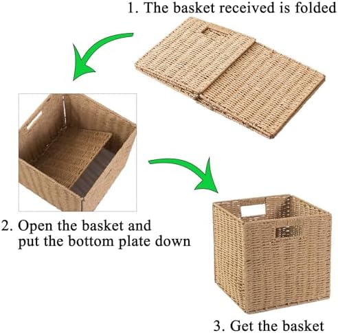 Foldable Square Baskets Set of 4, Paper Woven Storage Cube Bins with Handles for Shelves Cubby Organizing (Natural, 13'' x 13'' x 13'') - Image 3