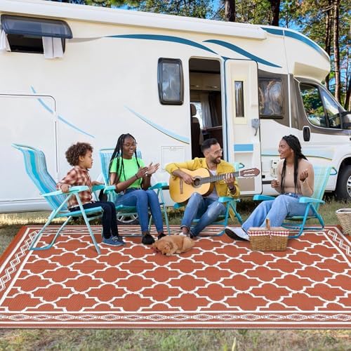 GAOMON Outdoor Plastic Straw Rug, 10'x14' Reversible Sage Green Patio Mat, Flower Modern Design for RV, Backyard, Deck, Camping, Picnic, Orange/White(Geometric) - Image 3