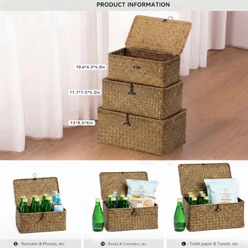 Nonam Wicker Storage Basket with Lid,Seagrass Shelf Basket Set of 3,Coffee - Image 2