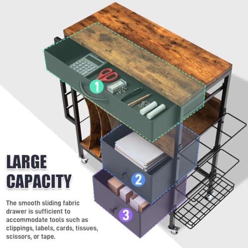 Wrapping Paper Storage Cart, Rolling Gift Wrap Station with 3 Drawers & Side Holders, Wrapping Paper Organizer Holder with Wheels for Gift Bags, Ribbons, Wrapping Supplies - Image 4
