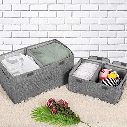 2 Pack Large Storage Boxes with Lids and Handles, Collapsible Linen Storage Bins Organizer Containers Baskets Cube with Removable Divider for Home Bedroom Closet Office (Grey, Large) - Image 4