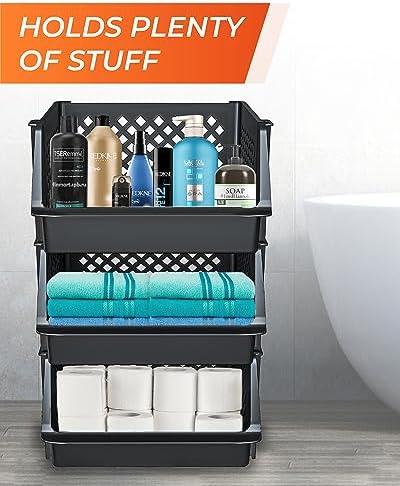 XLarge Stackable Storage Bins Open Front for Pantry Storage, 3 Pack - Black - Image 7