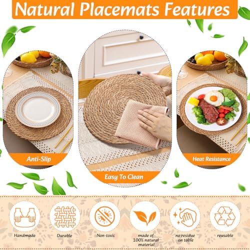 4 Sets Boho Placemat Table Runner Napkin Rings, White, 12x72 - Image 5
