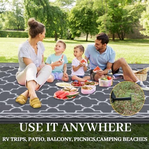 GlowSol Reversible Outdoor Rug 8x10 ft Clearance, Waterproof Outdoor Plastic Straw Rug with Carry Bag, Modern Geometric Patio Rug,RV Mat for Porch,Deck,Backyard,Camping,Balcony,Deck,Backyard,Grey - Image 5