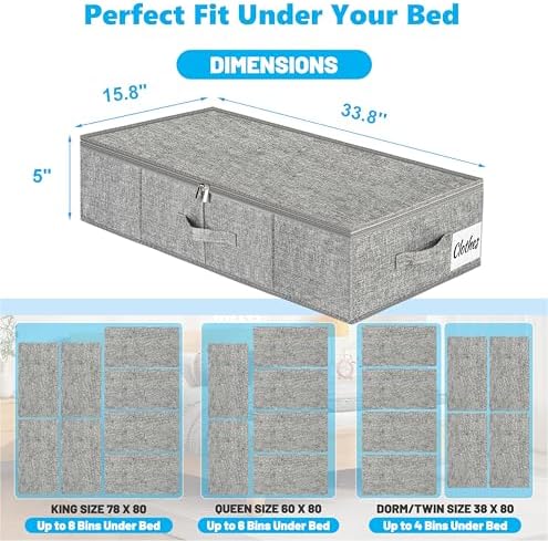 Under Bed Storage Container Bins 4 Pack, 5 Inch Thin Low Profile Underbed Clothes Storage Organizer for Dorm & Home, Use for Blanket and Toy Storage Box W/ Sturdy Bottom/Sides, Foldable Thick Fabric - Image 2