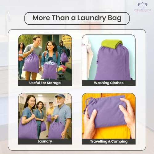 LFH Home Cotton Rich Large Premium Canvas Laundry Bag, Heavy Duty Washable Laundry Hamper with Drawstring & Handles, Multi-Use Clothes Storage for Home, Travel & College 28"x40" (Pack of 4) - Lavender - Image 4