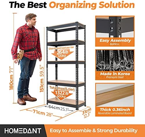 HOMEDANT 28" W 5 Tier Heavy Duty Garage Shelving Adjustable Metal Rack Storage Shelves Standing Shelf Unit Organizers Pantry Closet Black 2Pack - Image 2