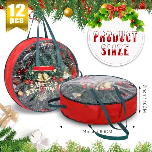Shappy 12 Pcs Red Wreath Storage Bag Clear Wreath Box Storage Containers with Clear Window and Handle Garland Containers for Holiday Seasonal Bags (24 Inch) - Image 2