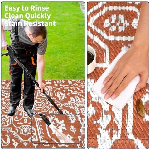 Outdoor Plastic Straw Rug 9x18 Large Vintage Medallion Waterproof Rug for Patio Outside Floor Mat Lightweight Reversible Outdoor Rugs for RV Beach Camping Backyard Deck Picnic, Orange - Image 3