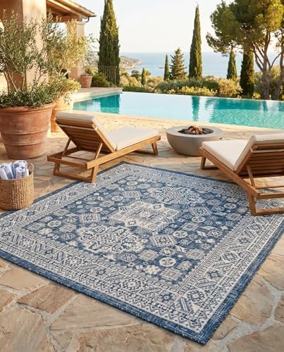 Rugs.com - Outdoor Aztec Rug – 5 Ft Square Blue Indoor/Outdoor Rug – Weather Resistant for Patios, Decks, and Porches - Image 6