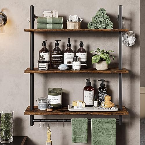 Bestier 3 Tier Industrial Pipe Shelving, Floating Book Shelves for Wall, Storage Hanging Shelves with Towel Bar for Bathroom Organizer Bedroom Kitchen Plants Office. 31.5 Inch Rustic Brown - Image 6