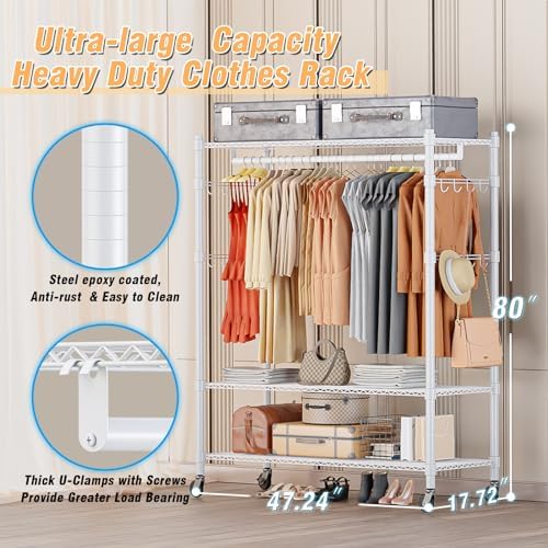 Homdox 3 Tier Garment Rack with Wheels, Portable Closets for Hanging Clothes Heavy Duty, Closet Racks and Shelving with Double Hanger Rods & Side Hooks, White - Image 5