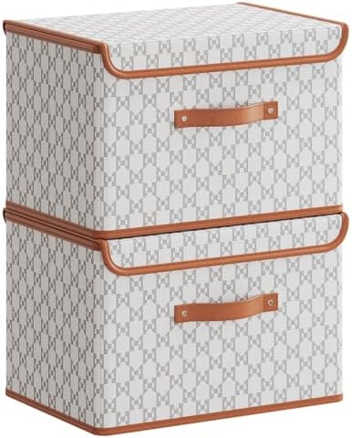 Tuza 2 Pack Fabric Storage Bins with Lids, Collapsible Closet Organizer Container, Decorative Storage Boxes with Lids for Organizing Clothes, Blanket, Grey & White, Extra Large by LOVEWHEREYOULIVE