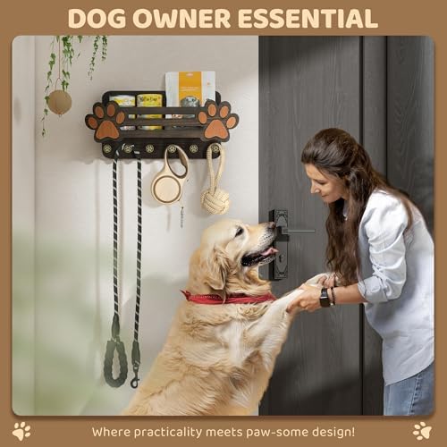 MTERSN Dog Leash Holder for Wall with Floating Shelf & 6 Hooks, Dark Brown - Image 2