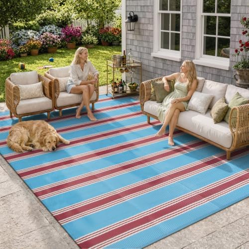Lahome Striped Outdoor Plastic Straw Rug, 9x12 Outdoor Rug Waterproof Rug by Lahome