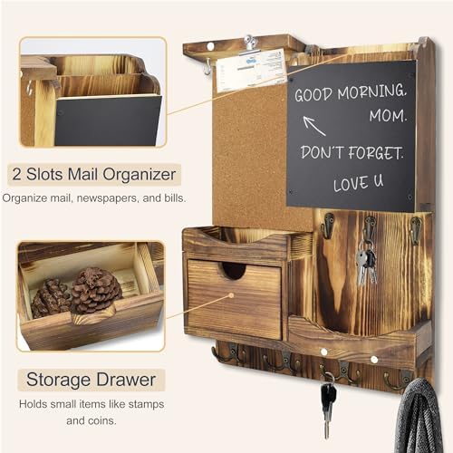 Key Holder Wall Mount with Drawer and Mail Organizer, Natural Wood - Image 6