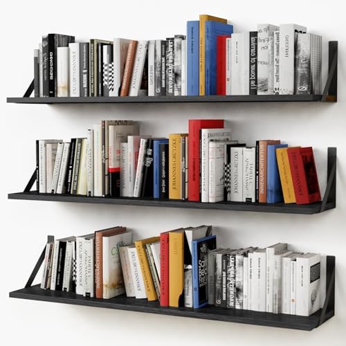 Forbena Floating Shelves 36 Inches Long 8 in Deep Set of 3, Large Wall Shelf for Bedroom Books, Heavy Duty Wide Wall Shelving for Living Room Office Kitchen Closet Organizers and Storage (Black) by Forbena