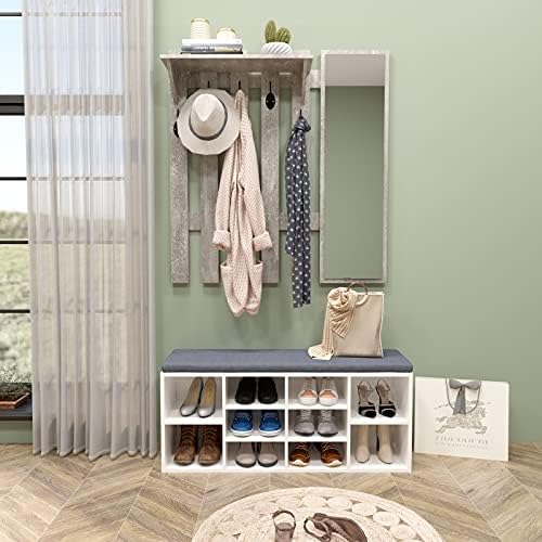 39.4" Coat Rack Wall Mount with Mirror, Wall Shelf with 5 Hooks and Storage for Hallway Entryway Modern (Grey) - Image 7