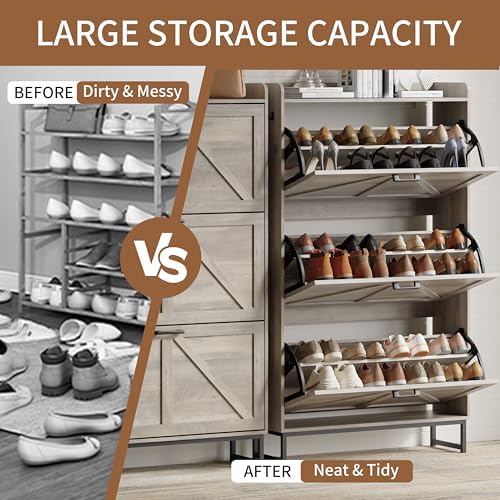 Xixini Shoe Storage Cabinet with 3 Flip Drawers, Entryway Shoe Rack, Grey - Image 5
