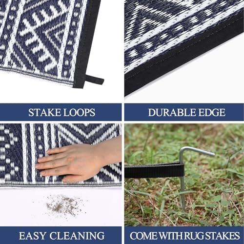 Outdoor Plastic Straw Rug 9x18 Large Floor Mat Boho Waterproof Rug for Patio Reversible Rug for Outdoors RV Beach Patio Camping Backyard Deck Picnic Camping Outside Navy White - Image 4
