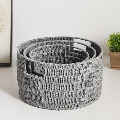 Vagusicc Wicker Storage Basket, Hand-Woven Paper Rope Large Round Woven Basket With Handles, Wicker Baskets for Organizing/Storage, Grey, 3-Pack - Image 3