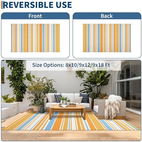 Garvee 8x10 Outdoor Rug Modern Striped Lines Plastic Straw Rug Blue Orange - Image 3
