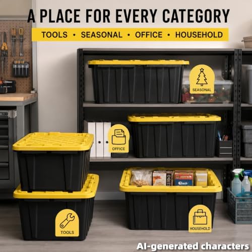 17 Gallon Storage Totes with Lock Holes, Black/Yellow, 4 Pack - Image 7