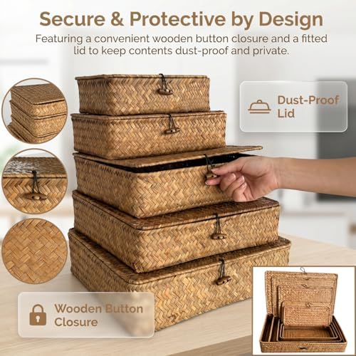 Wicker Basket with Lid,Seagrass Flat Storage Bins, Set of 5 - Image 3