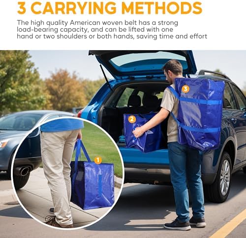 HealSmart 12 Pack Large Moving Bags with Zippers & Handles, Moving Supplies with lids, Heavy Duty Totes for Space Saving, Fold Flat, Moving and Storing, Blue - Image 4