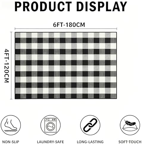MUBIN Cotton Buffalo Plaid Rug, 4' x 6' Black and White Outdoor Rug Decorative Mat, Washable Large Doormat Hand-Woven Foldable Area Rug for Outdoor Patio Indoor Living Room Dining Room Kitchen - Image 2