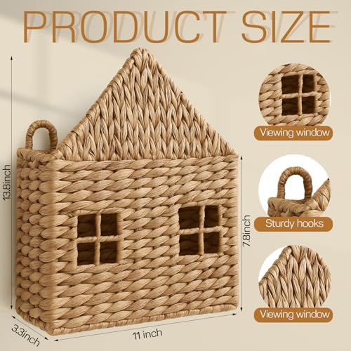 Wicker Magazine Holder Wall Basket Hanging Wall Mount Mail Rack Holder Storage Water Hyacinth House Shaped Woven Hanging Basket for Books & Files with Handle Home Office, 13.8 x 11 Inch - Image 2