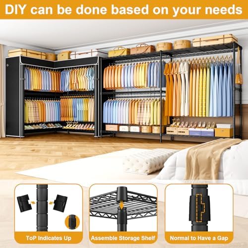 ULIFHOME E15C Max Garment Rack L Shaped Clothes Rack for Corner，Freestanding Clothing Racks for Hanging Clothes，Heavy Duty Closet System 57"W x 15.8"D x 78.4"H，Black Rack with Black Dustproof Cover - Image 6