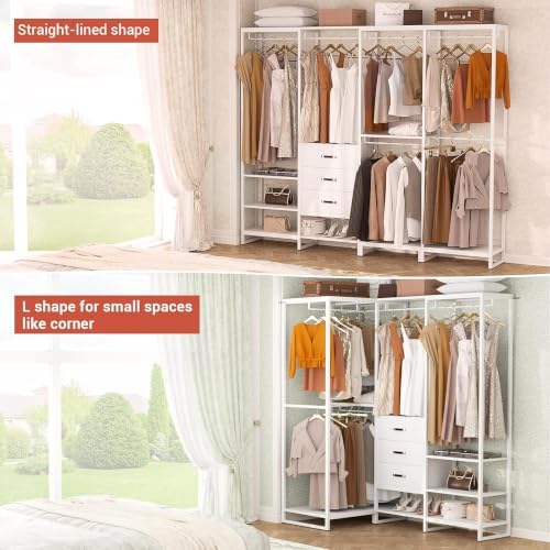 Freestanding Closet Organizer System with 3 Drawers, 6FT Heavy Duty Clothing Rack with Shelves and 6 Hanging Rods, Large Corner L Shaped Garment Rack, White - Image 6